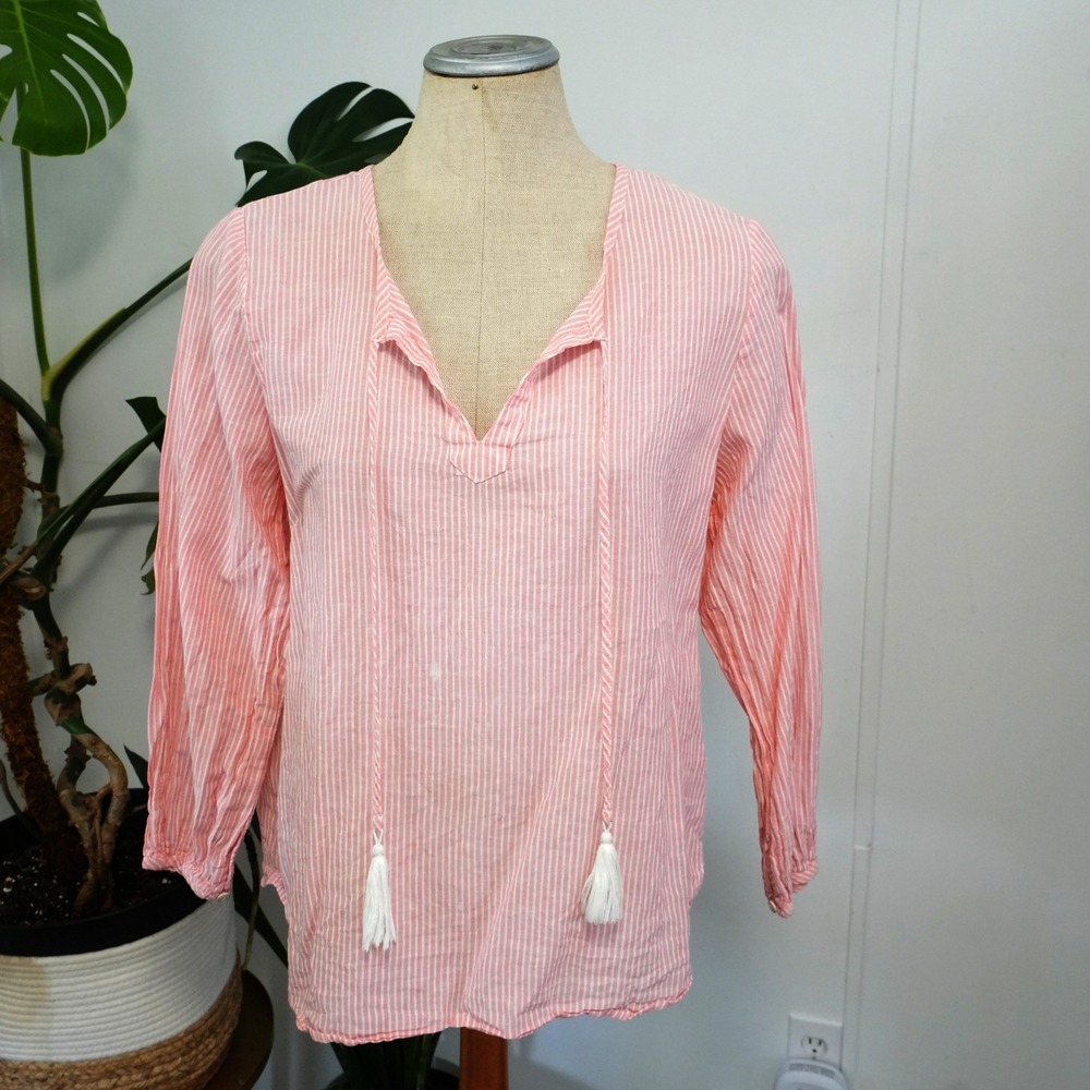 Faherty Linen Blend Striped Peasant Blouse‎ Womens Large Pink White Boho Tassel